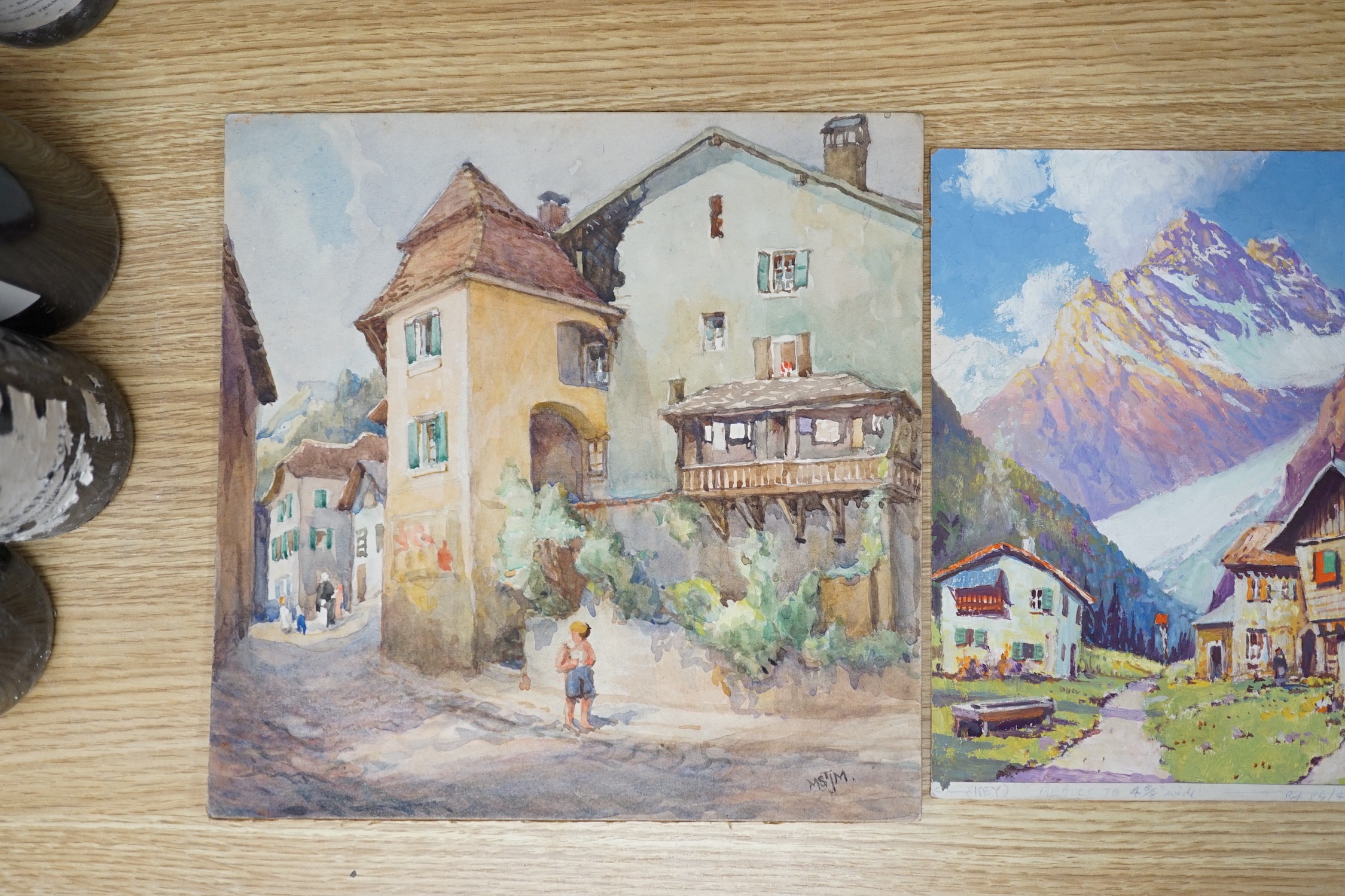 James Greig (1861-1941), oil on board, Swiss alpine scene, signed, 24 x 19cm and a Mabel St John Mildmay watercolour of Veytaux, Switzerland, 27 x 27cm, both unframed